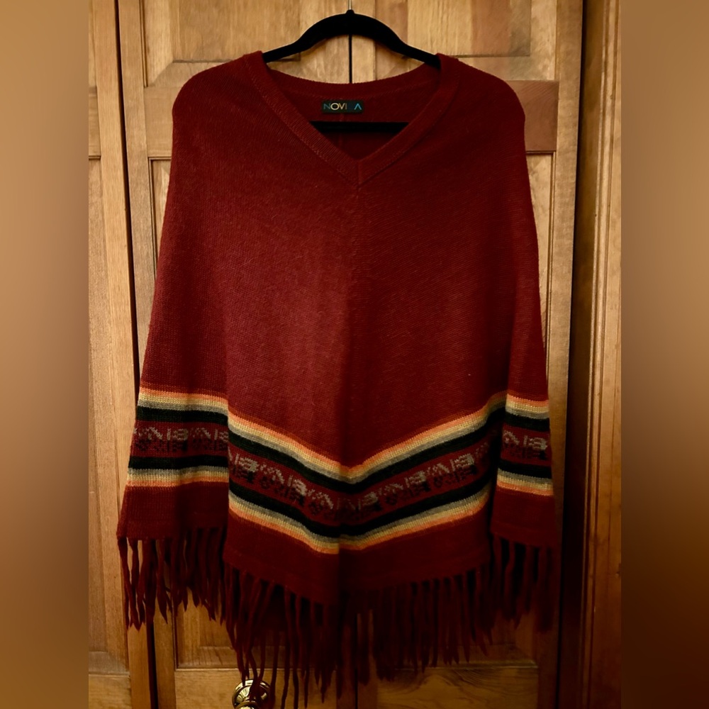 Novica Women’s Maroon Boho, Hippie, Granola Pancho W/ Fringe, Approx Sz M.